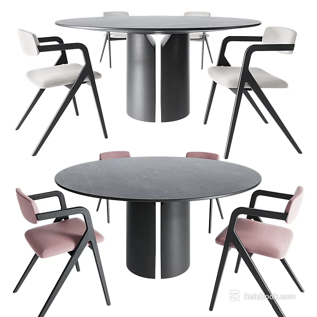 Modern Round Black Dining Table With Four Pink Upholstered Back Chairs Set For Dining Room 3d model