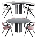 Modern Round Black Dining Table With Four Pink Upholstered Back Chairs Set For Dining Room 3d model
