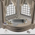 Elegant Bathroom Interior With Marble Bathtub Candles Towel Slippers And Curtains