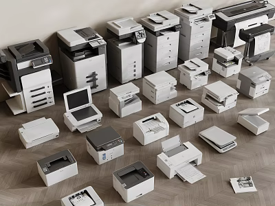 Various Office Appliances Including Printers Scanners And Copiers Arranged Neatly On Wooden Surface 3d model