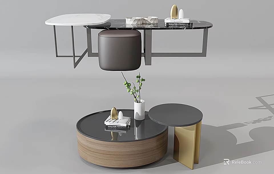 Modern Round Coffee Table With Wooden Base Black Top And Decorative Items 3d model