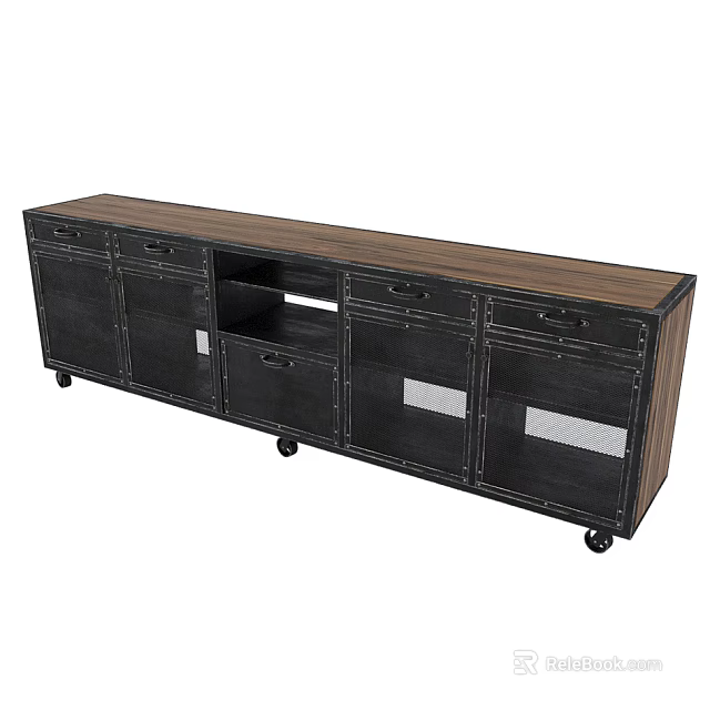 Rustic Wooden Top Console Table With Black Frame Drawers And Wheels 3d model 