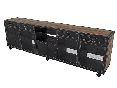 Rustic Wooden Top Console Table With Black Frame Drawers And Wheels 3d model