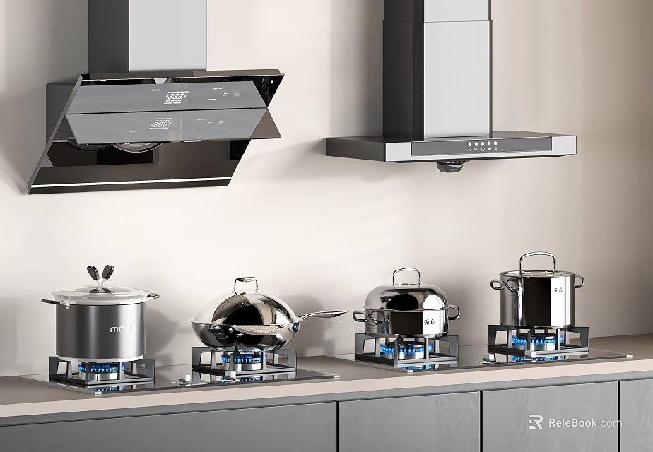 Modern Kitchen Appliances With Range Hoods Gas Stoves And Stainless Steel Cookware 3d model 