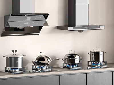 Modern Kitchen Appliances With Range Hoods Gas Stoves And Stainless Steel Cookware 3d model