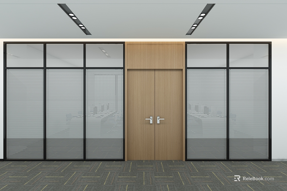 Modern Office Interior With Wooden Double Doors And Glass Partition Blinds 3d model 