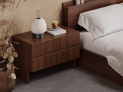 Modern Bedroom Walnut Wooden Bedside Table With Drawer Lamp Book And Glass 3d model