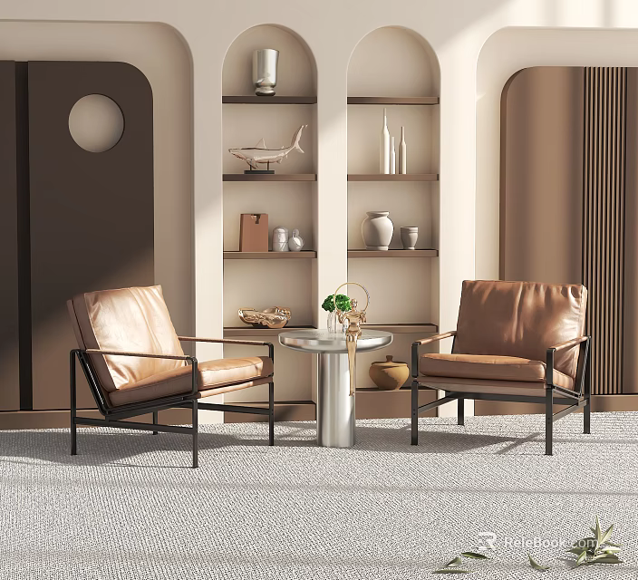 Modern Leisure Sofa Combination With Leather Armchairs Round Coffee Table And Decorative Shelves 3d model 