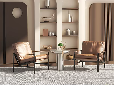 Modern Leisure Sofa Combination With Leather Armchairs Round Coffee Table And Decorative Shelves 3d model