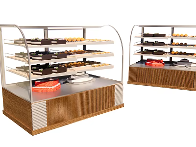 Multi tiered Display Shelves With Glass Cover And Wooden Base For Assorted Cakes 3d model