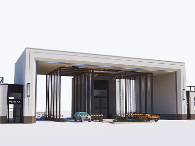Modern Entrance Gate Design With White Building Structure And Metal Frames 3d model