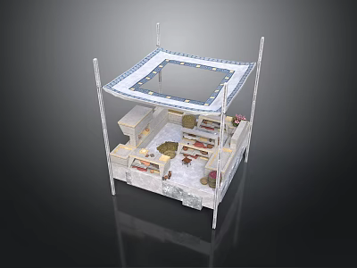 Outdoor Display Booth With White Frame Blue Striped Canopy Shelves And Decorative Items 3d model
