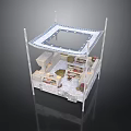 Outdoor Display Booth With White Frame Blue Striped Canopy Shelves And Decorative Items