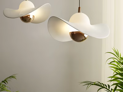 Modern White Hat Shaped Pendant Lights With Gold Base And Green Plants 3d model