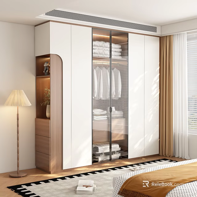 Modern White Wardrobe With Glass Door Hanging Clothes And Wooden Cabinet Interior 3d model 