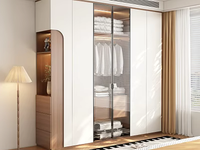 Modern White Wardrobe With Glass Door Hanging Clothes And Wooden Cabinet Interior 3d model