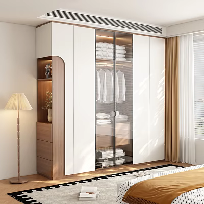 Modern White Wardrobe With Glass Door Hanging Clothes And Wooden Cabinet Interior 3d model
