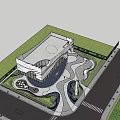 Modern Garden Landscape With Curved Pathways Green Plants Sculptures And Modern Building