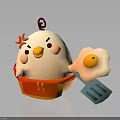 Cartoon Chicken Character In Red Apron With Fried Egg And Blue Spatula