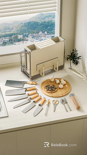 Kitchen Cutlery Set With Knives Scissors Utensils And Cutting Board 3d model 