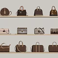 Various Style Bags on Wooden Shelves with Multiple Colors and Types
