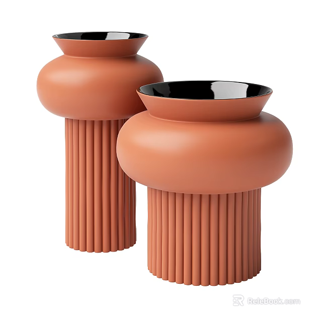 Modern Coral Ribbed Flower Vases With Black Interior For Home Decor 3d model 