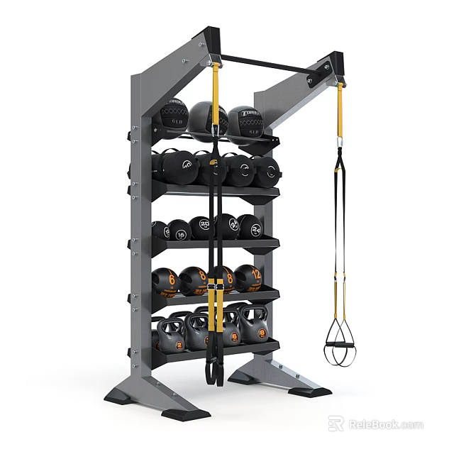 Gray and Yellow Fitness Storage Rack with Sturdy Structure for Dumbbells and Training Gear 3d model 