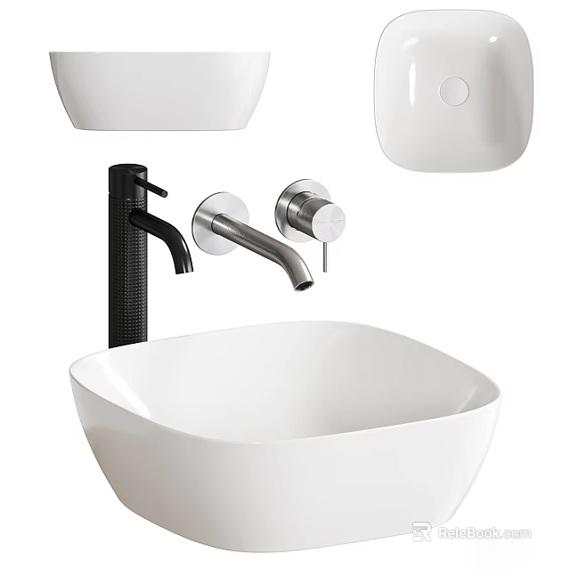 Modern Minimalist White Vessel Washbasin With Chrome Faucet And Bathroom Fixtures 3d model 