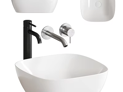 Modern Minimalist White Vessel Washbasin With Chrome Faucet And Bathroom Fixtures 3d model