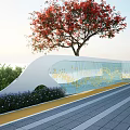 Urban Public Space With Blue Glass Curtain Wall Golden Patterns And Red Flowering Tree
