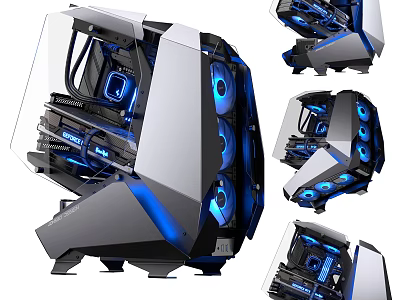 Gaming PC Case with Blue LED Lights Cooling Fans and Multiple Angle Views 3d model