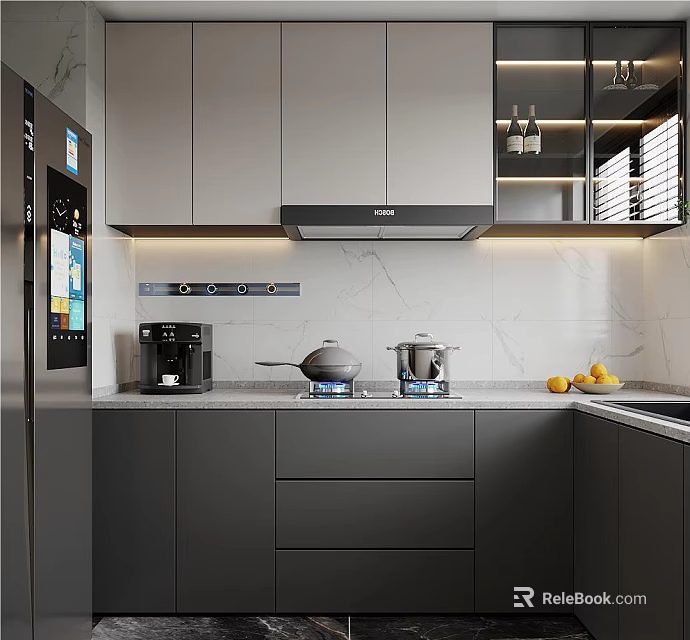 Modern Gray Kitchen Interior With Cabinets Stainless Steel Appliances Marble Countertop Coffee Machine And Fruit 3d model 