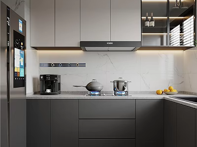 Modern Gray Kitchen Interior With Cabinets Stainless Steel Appliances Marble Countertop Coffee Machine And Fruit 3d model