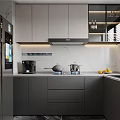 Modern Gray Kitchen Interior With Cabinets Stainless Steel Appliances Marble Countertop Coffee Machine And Fruit