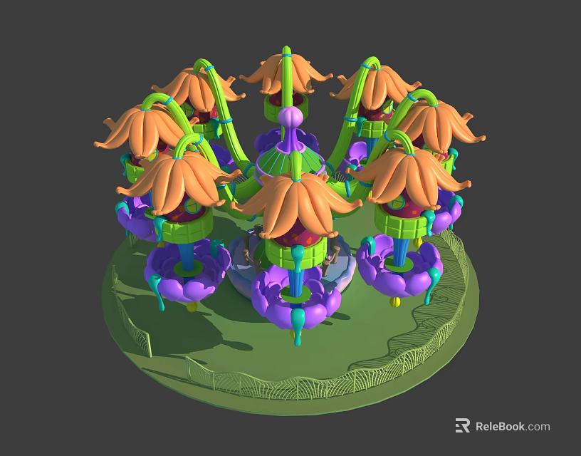 Rotating Flower Shaped Amusement Ride With Colorful Purple Orange Green Seats For Kids Playground 3d model 