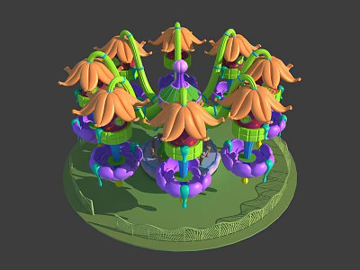 Rotating Flower Shaped Amusement Ride With Colorful Purple Orange Green Seats For Kids Playground 3d model