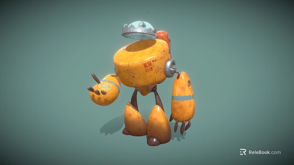 Yellow Cartoon Robot With Blue Hat And Orange Parts In Toy Style 3d model 