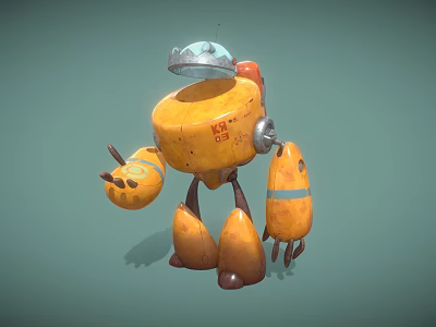 Yellow Cartoon Robot With Blue Hat And Orange Parts In Toy Style 3d model