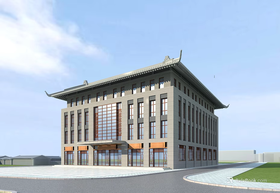 Traditional Chinese Style Commercial Complex With Multi story Structure Large Windows And Glass Entrance 3d model 