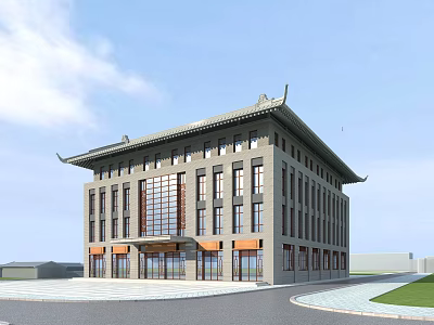 Traditional Chinese Style Commercial Complex With Multi story Structure Large Windows And Glass Entrance 3d model