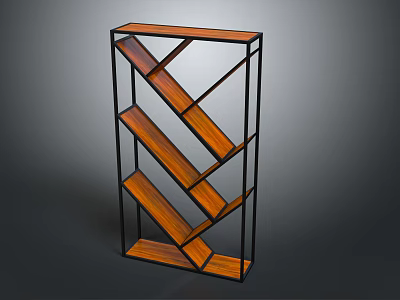 Modern Stylish Bookshelf With Black Metal Frame And Angled Wooden Shelves 3d model