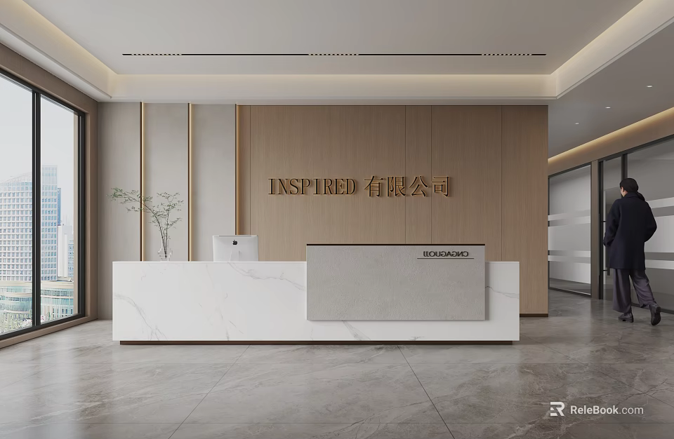 Modern Reception Desk With Marble Top Wooden Backdrop Company Sign Large Window And City View 3d model 