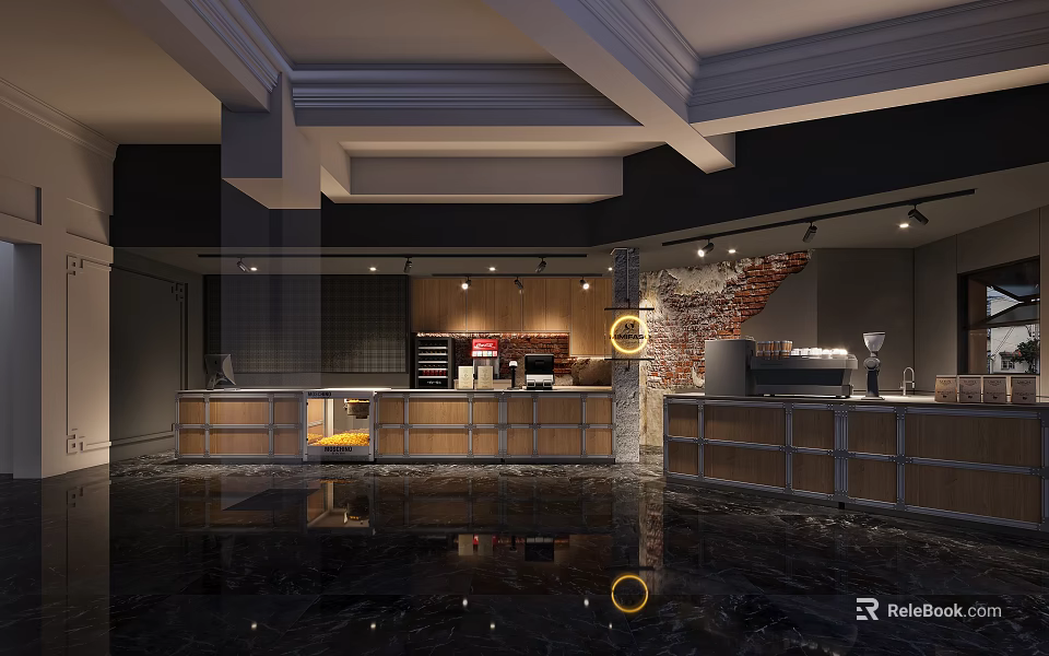 Modern Coffee Shop Interior With Wooden Counter Brick Wall And Bright Lighting Fixtures 3d model 