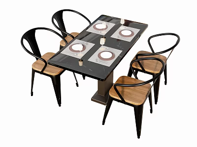 Modern Dining Table and Chair Set With Black Marble Top Wooden Seats and White Placemats 3d model