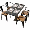 Modern Dining Table and Chair Set With Black Marble Top Wooden Seats and White Placemats