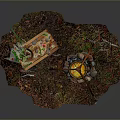 Outdoor Cooking Scene With Hanging Cauldron Wooden Table Bottles Flowers And Grass