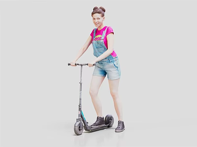 Woman in pink T-shirt and denim overalls shorts riding electric scooter against plain grey background 3d model