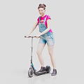 Woman in pink T-shirt and denim overalls shorts riding electric scooter against plain grey background