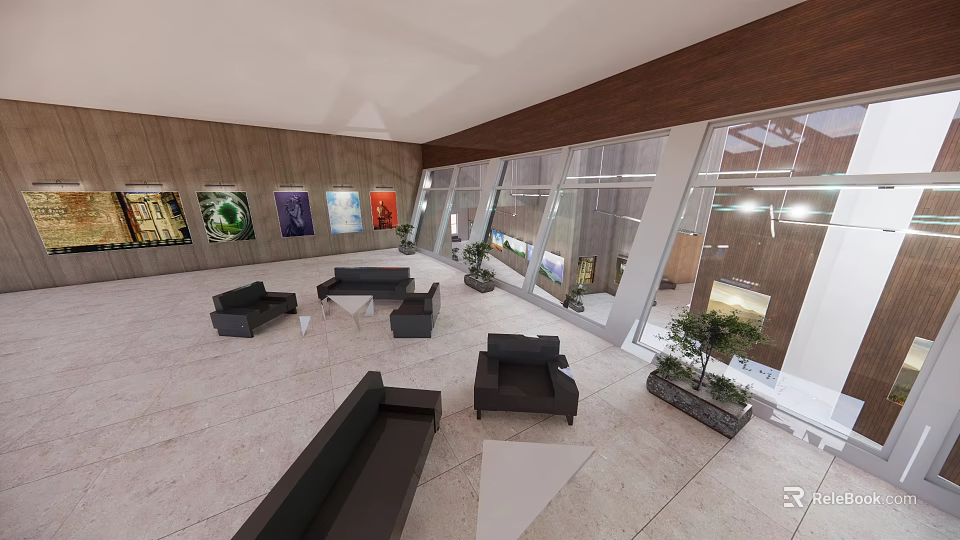Cultural Center Spacious Interior With Comfortable Sofas And Wall Artworks Large Windows 3d model 