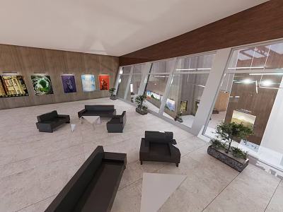 Cultural Center Spacious Interior With Comfortable Sofas And Wall Artworks Large Windows 3d model